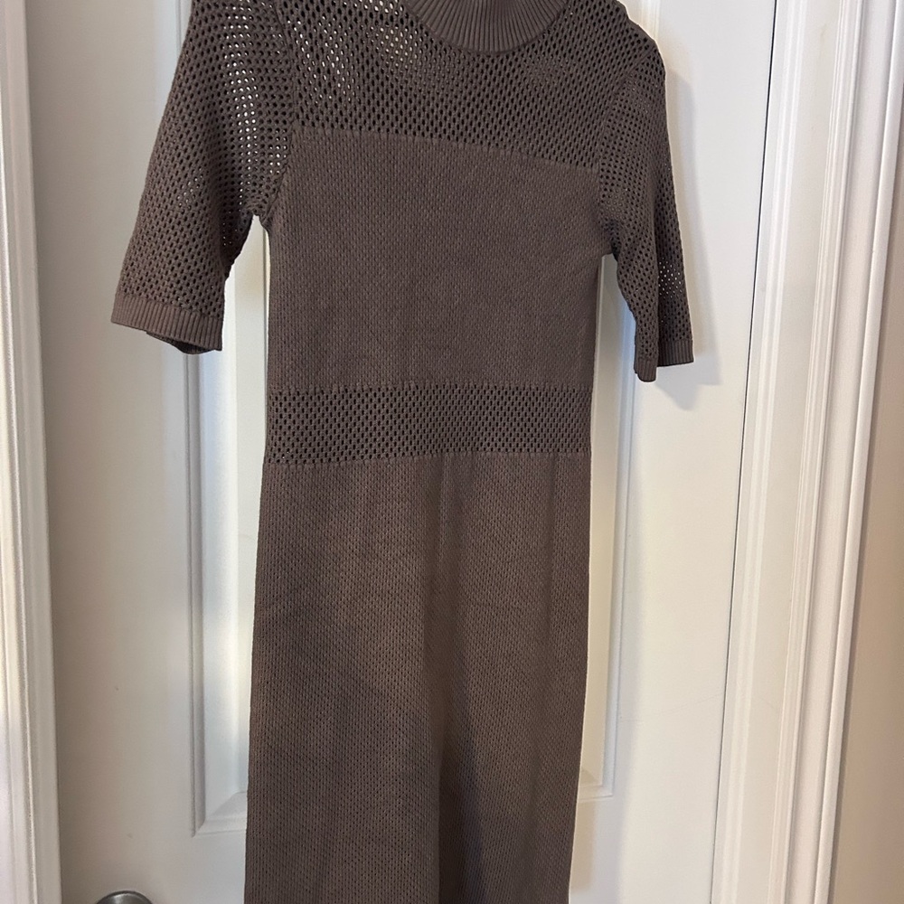 Guess Brown Knit Midi Dress with Open-Weave Detail